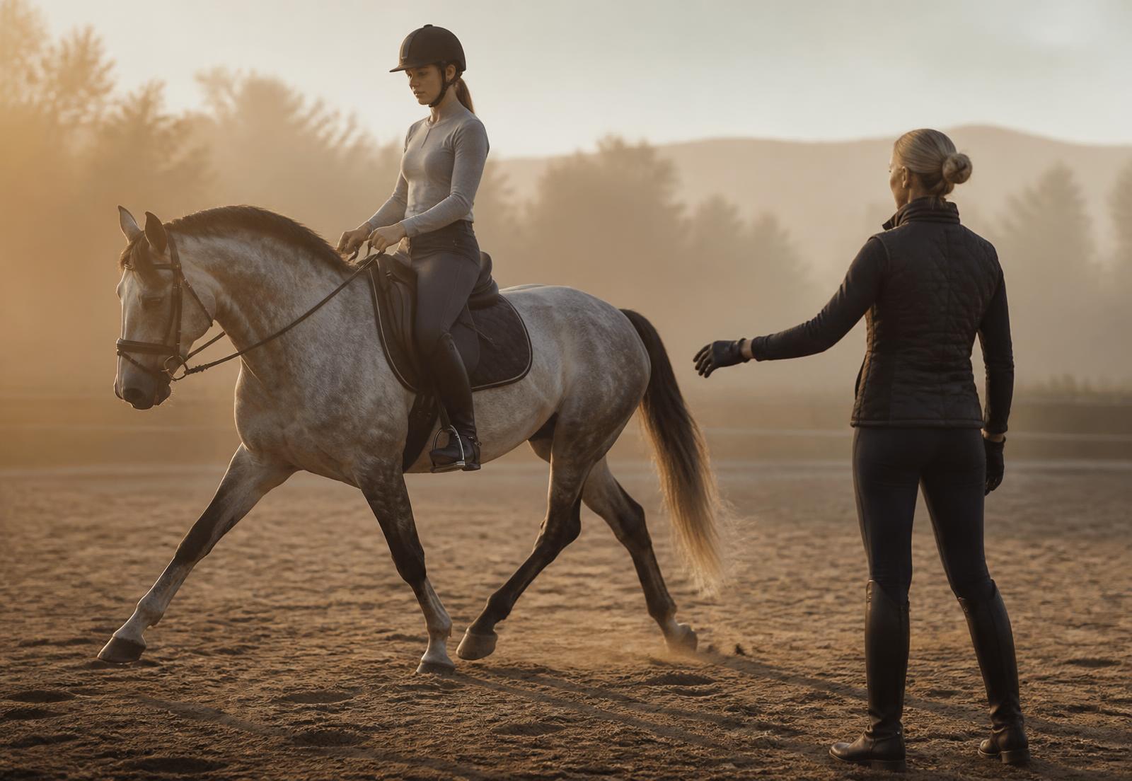 Riding instructor teaching a rider in a sand arena at sunrise