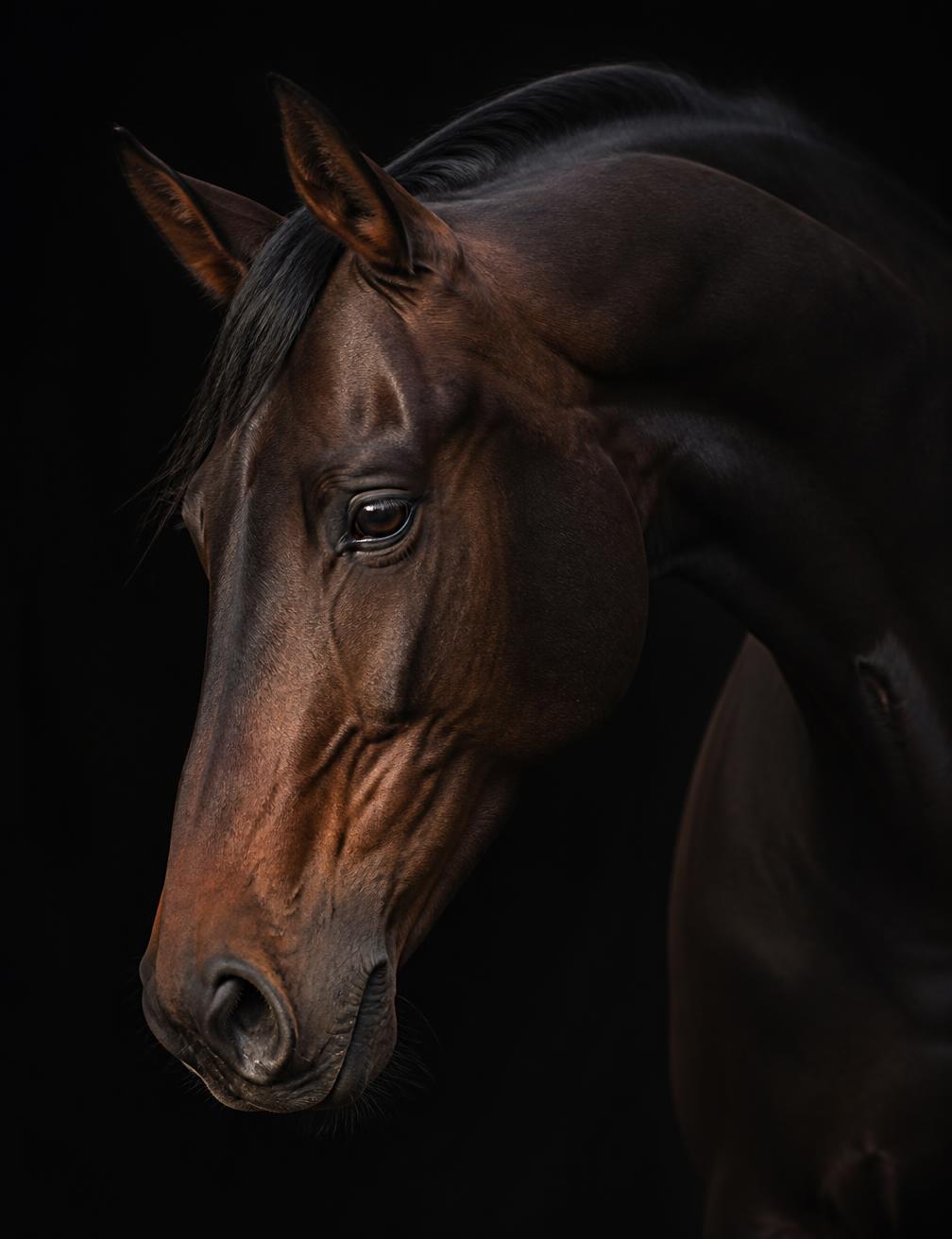Fine art portrait of a bay horse in low light